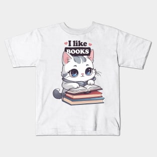 Kawaii Cat Book Lover Kids T-Shirt